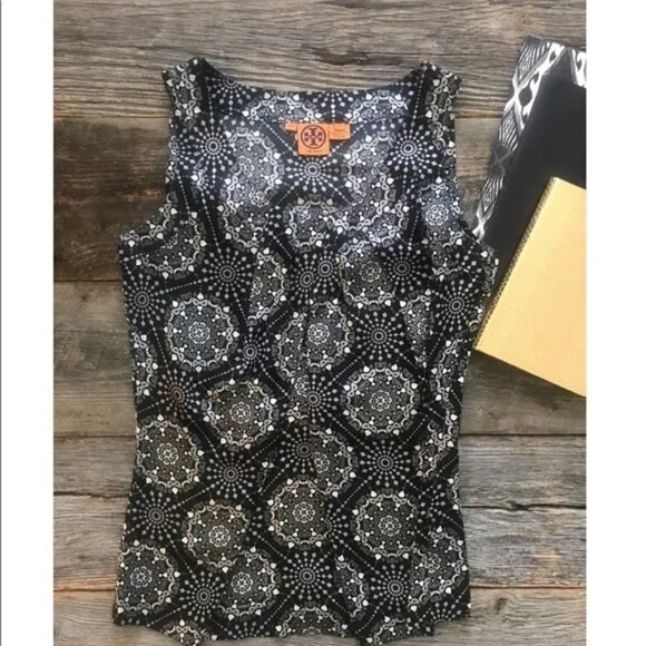 Tory Burch Margaret Silk Blouse Black Mask Size 10 - Picture 2 of 6